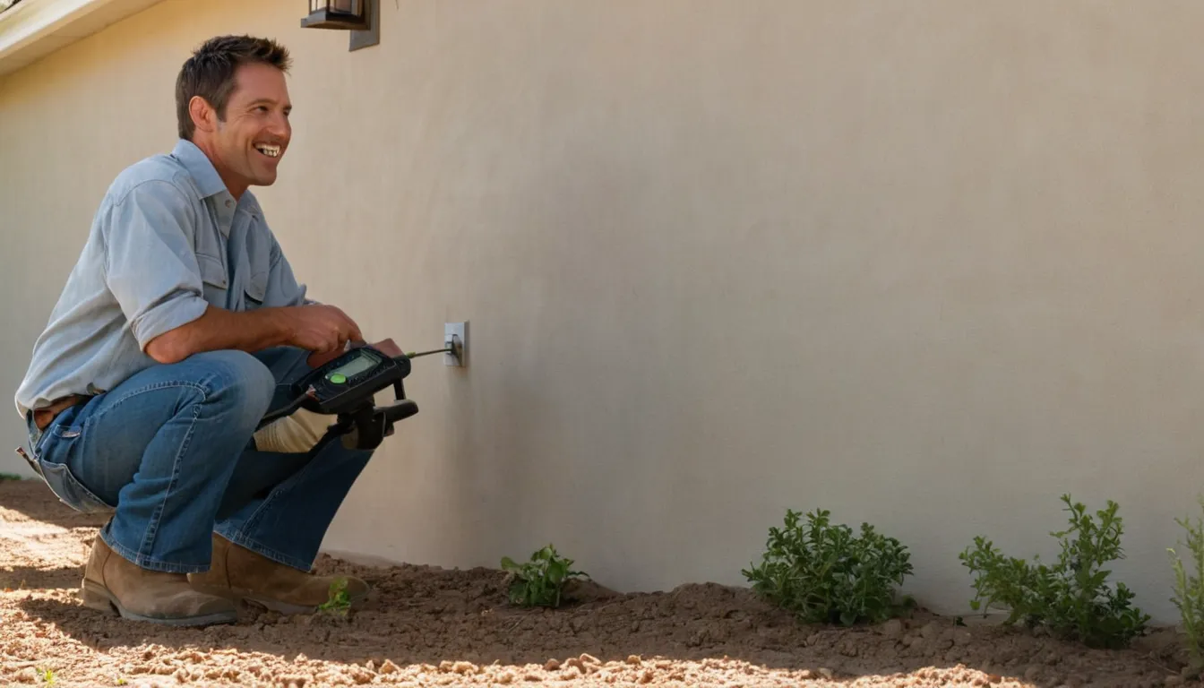 A friendly provider checking a sunny stucco home exterior in Mission Viejo