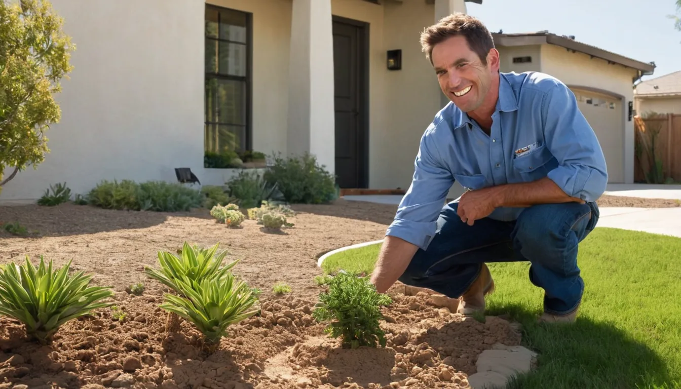 Friendly pest control provider talking with a homeowner at the front door of a stucco ranch home in Mission Viejo